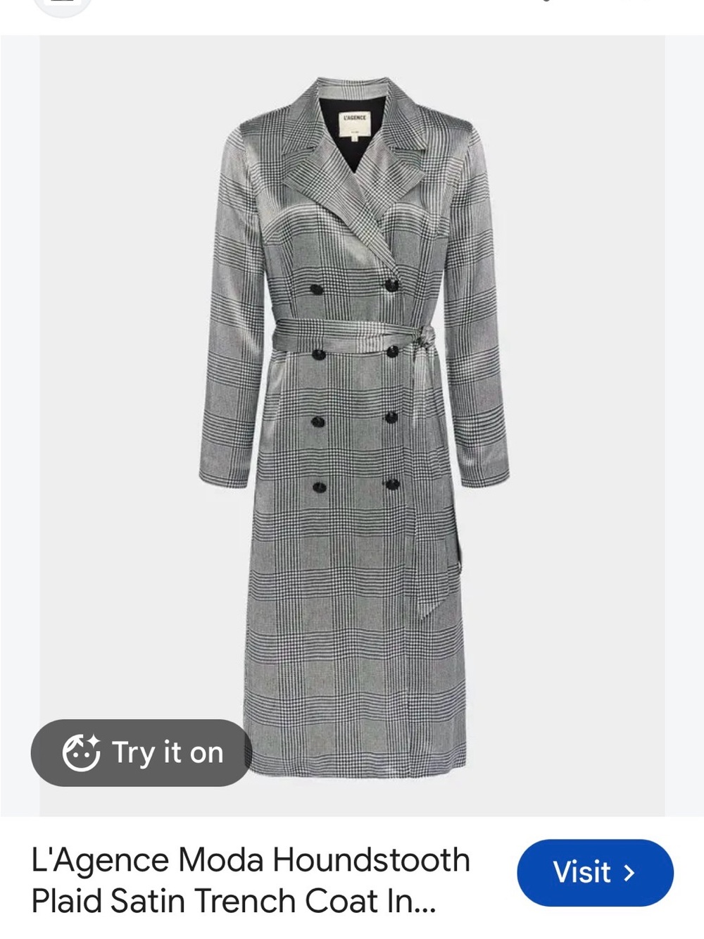 L’AGENCE Moda Houndstooth Plaid Satin Trench Coat Black White NWT Large